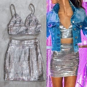 NBD silver sequin crop top bralette mini skirt set